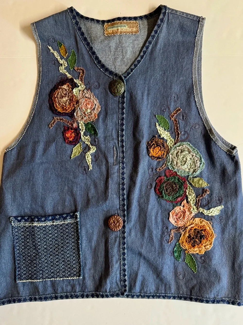 VTG. Artclothes - Handmade Denim Blue Vest Colorful Floral Applique,Embroidery.L